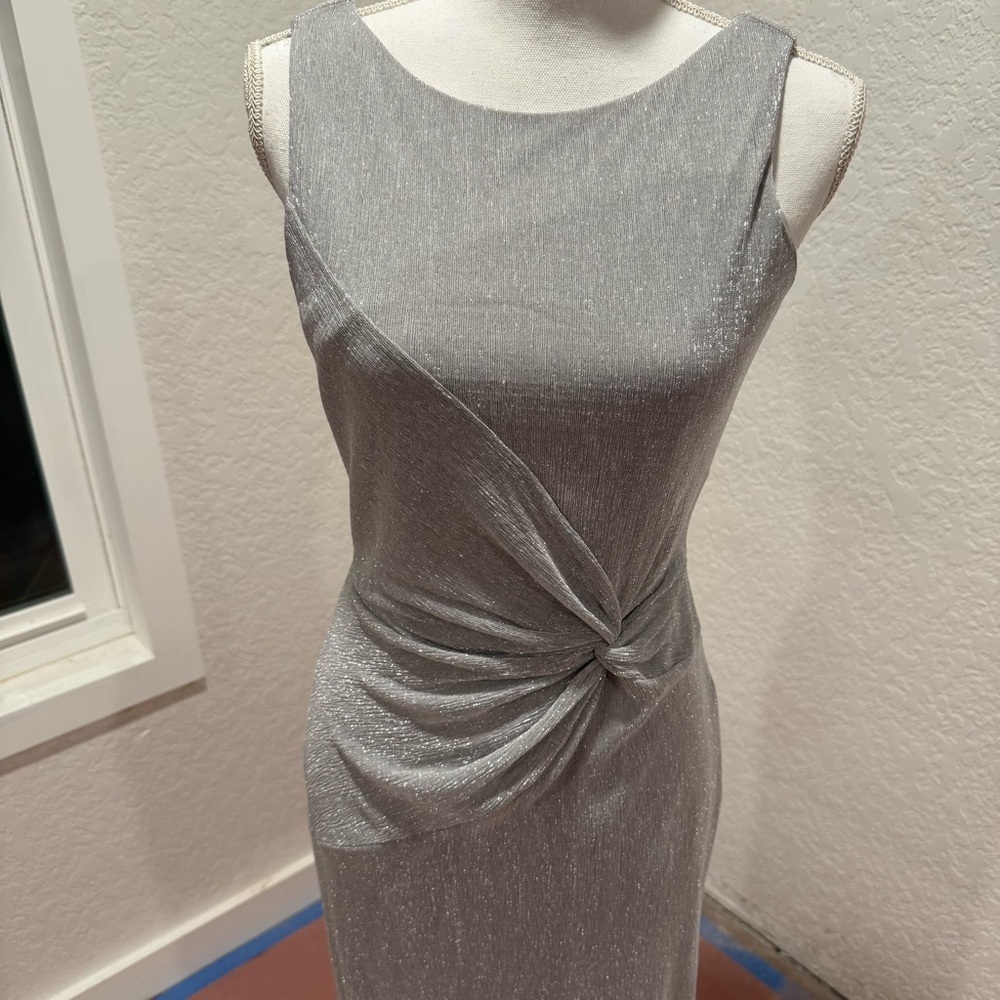 Calvin Klein Shimmering Silver Metallic Midi Dress Size 4 Cocktail Festive NYE
